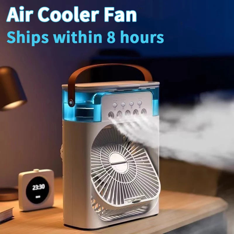 Mini enfriador de aire portátil 3 en 1 con humidificador y luz LED 7 colores – ventilador USB para hogar y oficina