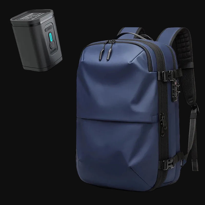 Mochila compresible azul vista frontal con candado TSA