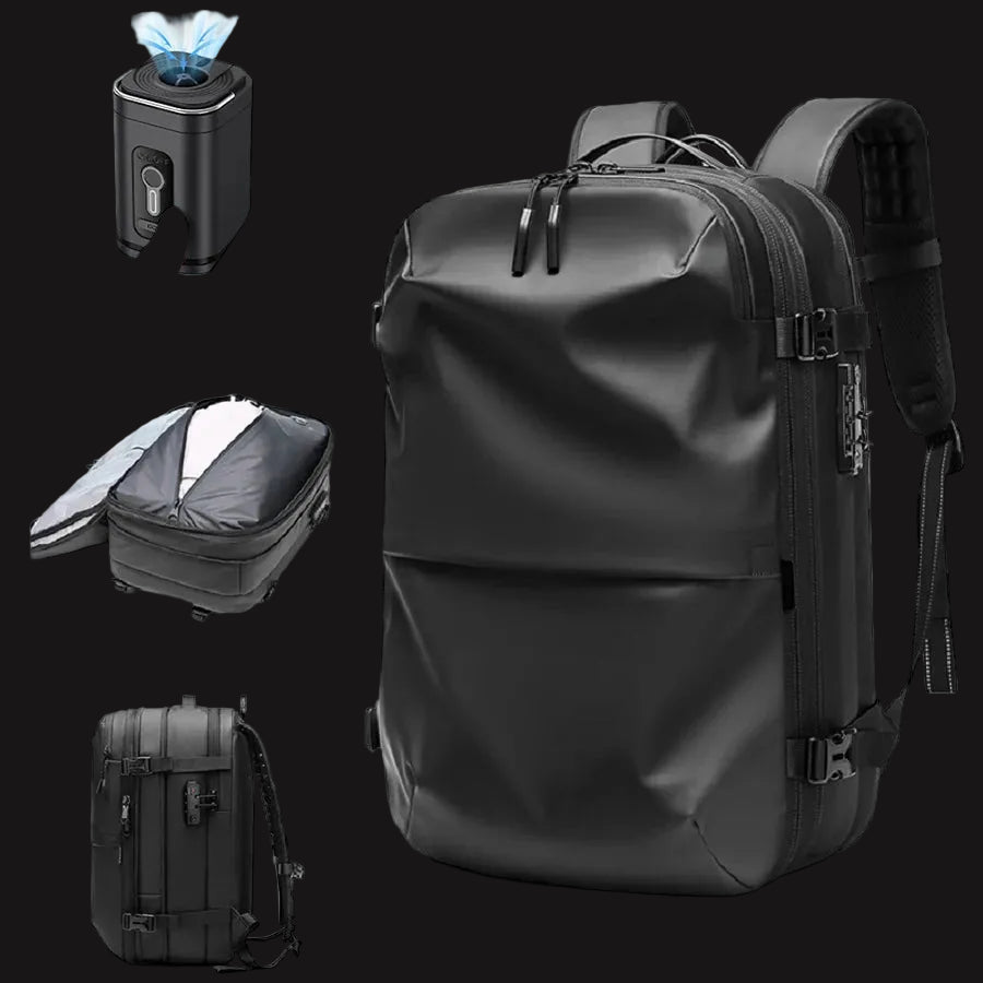 Mochila de Viaje Compresible al Vacío azul con bomba vista frontal