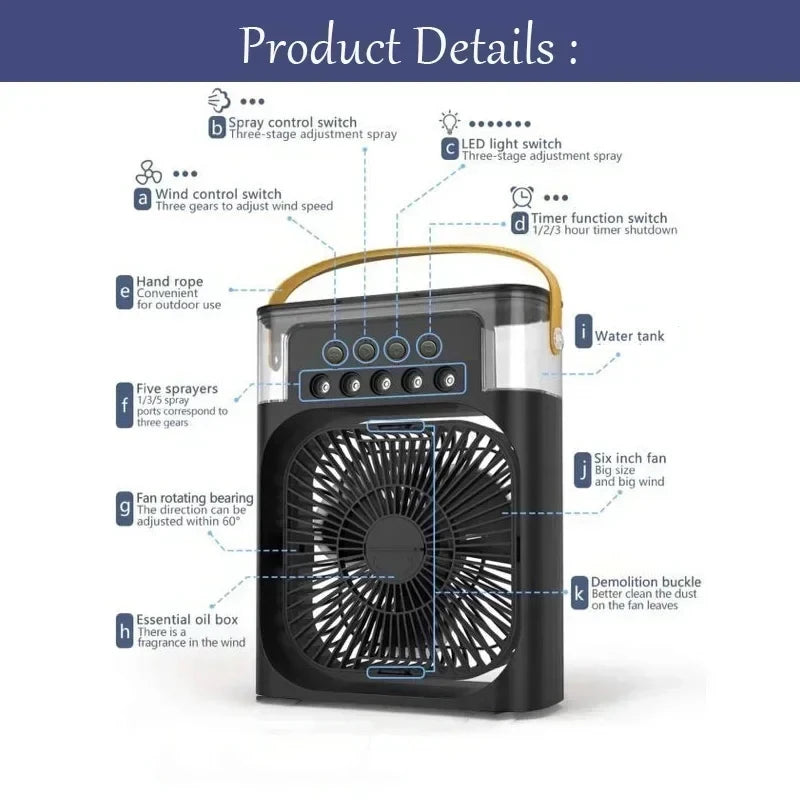 Mini Enfriador de Aire 3 en 1 | Ventilador + Humidificador + Luz LED 7 Colores | 600ml