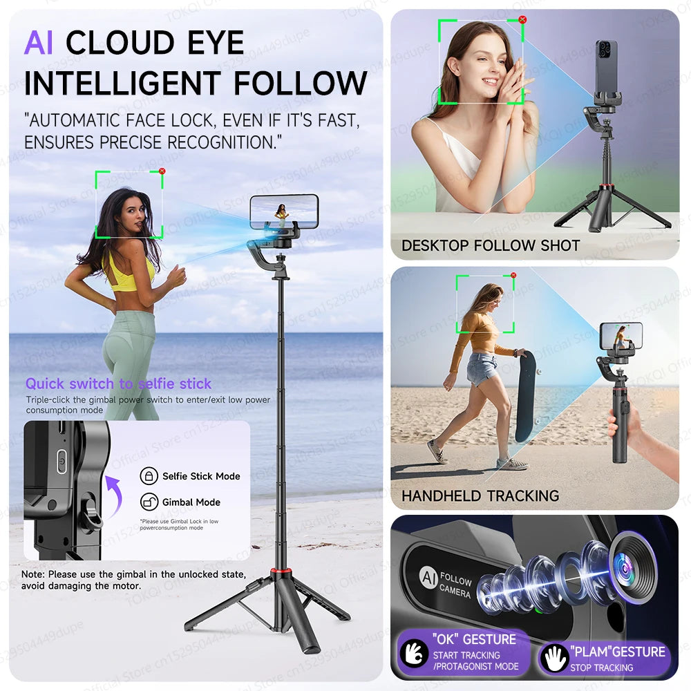Gimbal TOKQI C22 AI Tracking 360° | Kit Completo con Luz y Micrófono