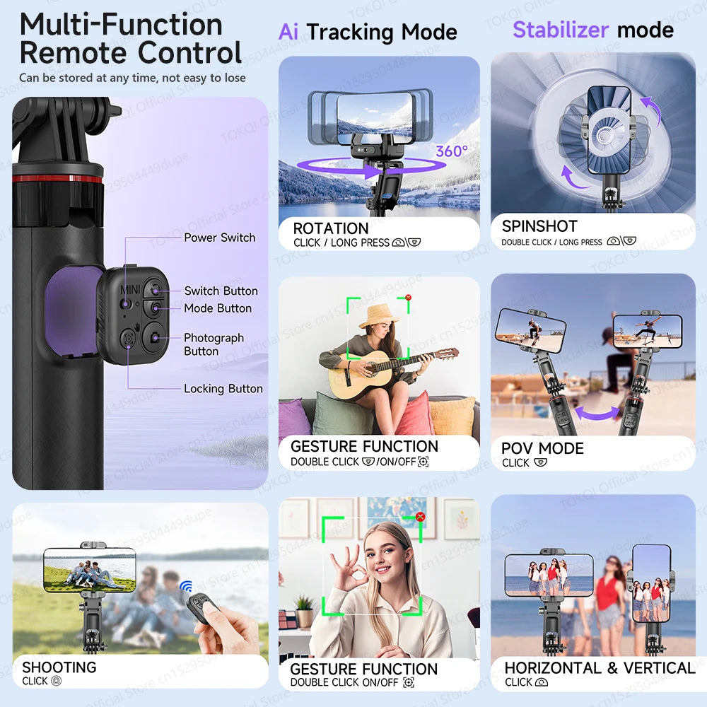 Gimbal TOKQI C22 AI Tracking 360° | Kit Completo con Luz y Micrófono
