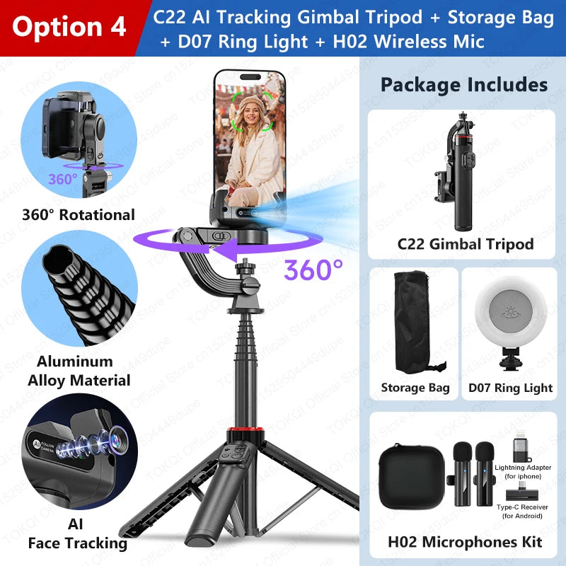 Gimbal TOKQI C22 AI Tracking 360° | Kit Completo con Luz y Micrófono