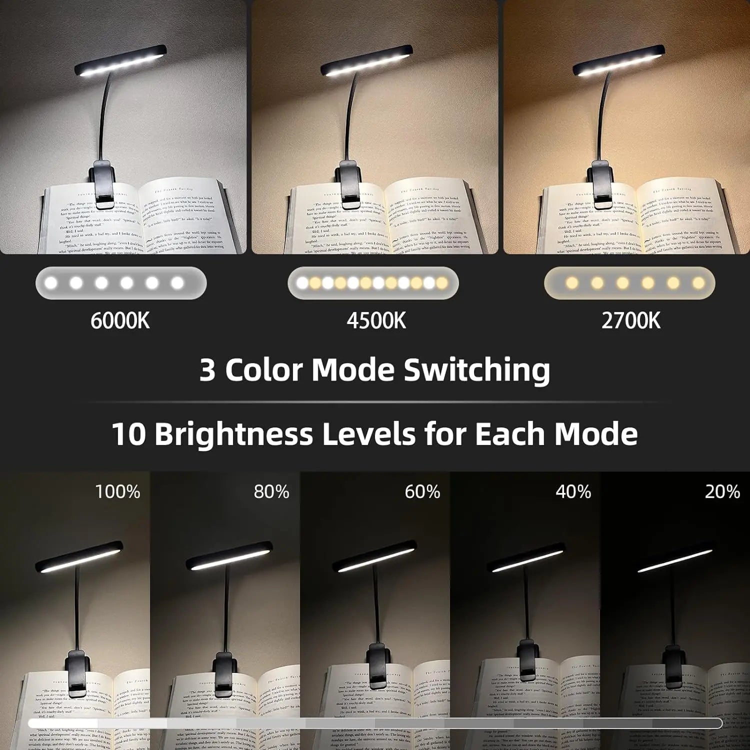 Lámpara LED lectura 3 modos de color y 10 niveles de brillo ajustables