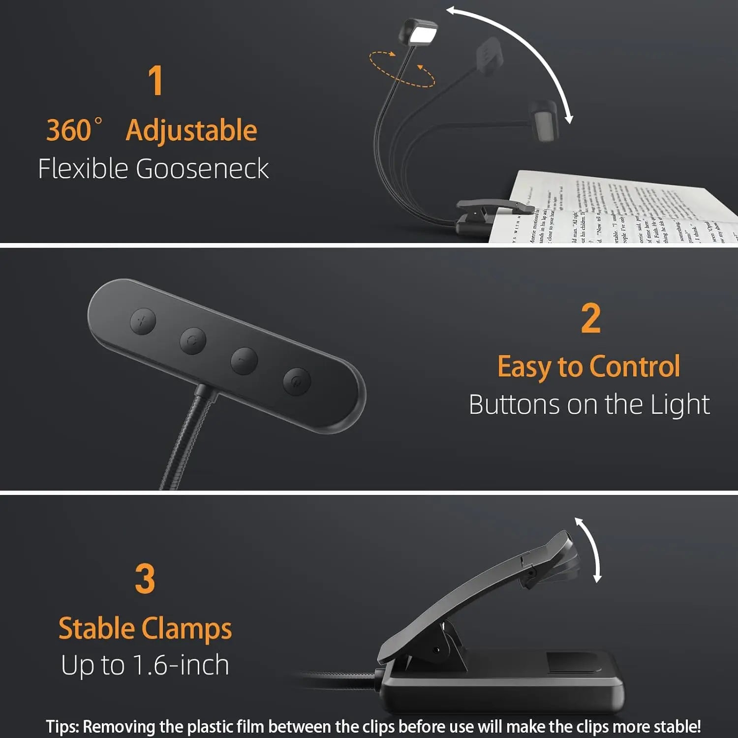Lámpara LED de lectura con cuello flexible 180 grados y clip ajustable